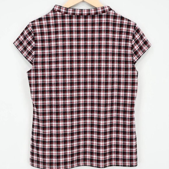 Ann Taylor Mock Neck Cap Sleeve Plaid Top (Black, Red & White) - Picture 1 of 5